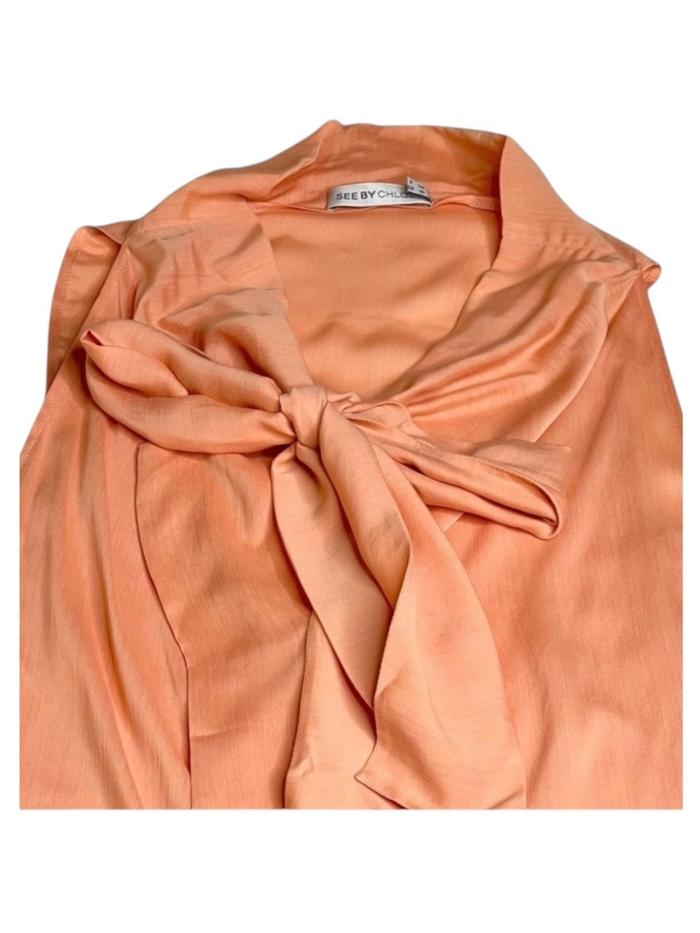 See by Chloe ༻ Pussy Bow Silk Crepe Crepon Sleeveless Top ༻Coral Pink Orange ༻ 6 - Picture 9 of 16
